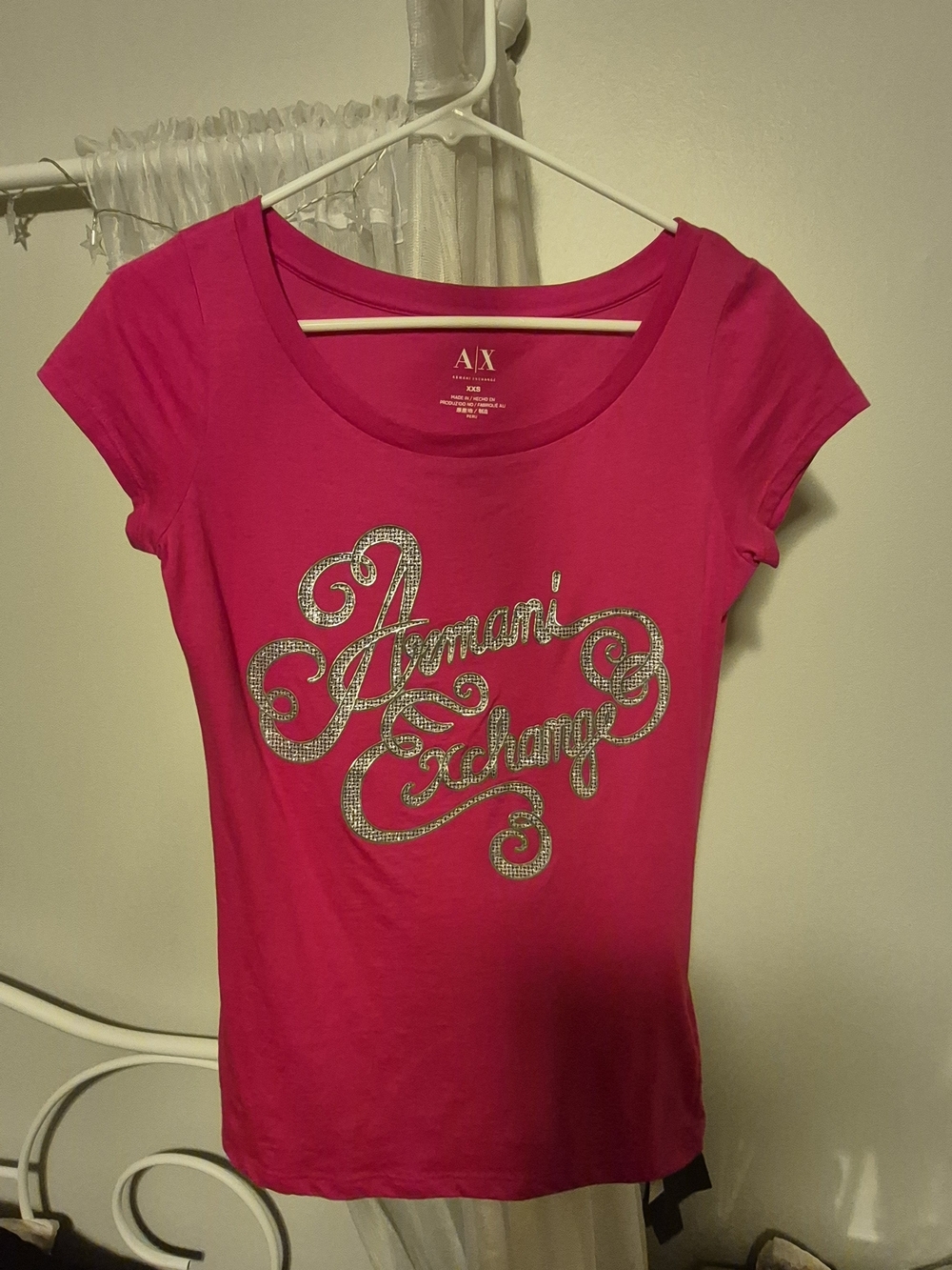 Armani Exchange Hot Pink Short Sleeve Tee with Metalic Script Logo